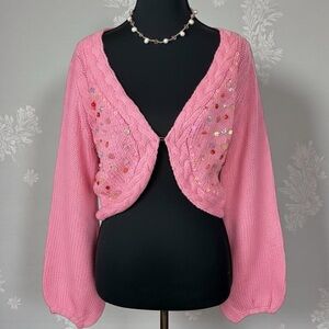 Deadstock Pink beaded knit crop bolero cardigan with bell sleeves
